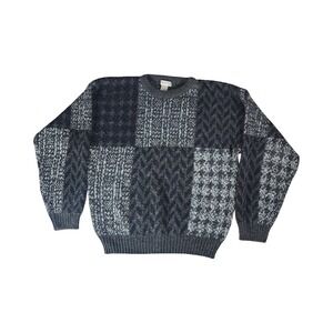 Vintage Windridge Mens Patchwork Knit Sweater‎ Grey Charcoal Geometric Medium
